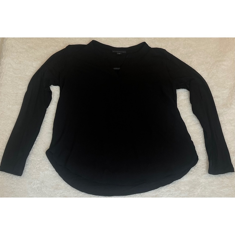 Attention Womens Black Mixed Media Split Neck Long Sleeve Top Small
